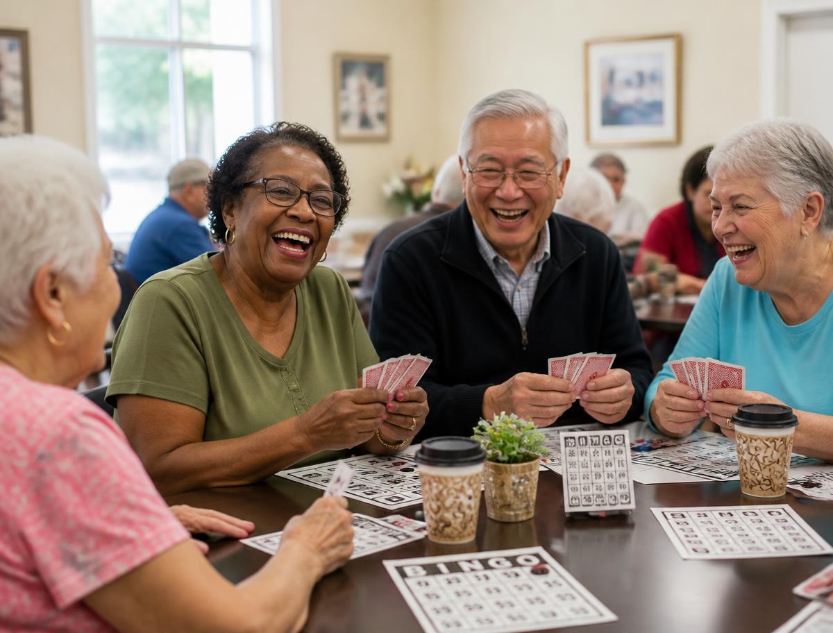 Senior center members laughing while playing cards and bingo