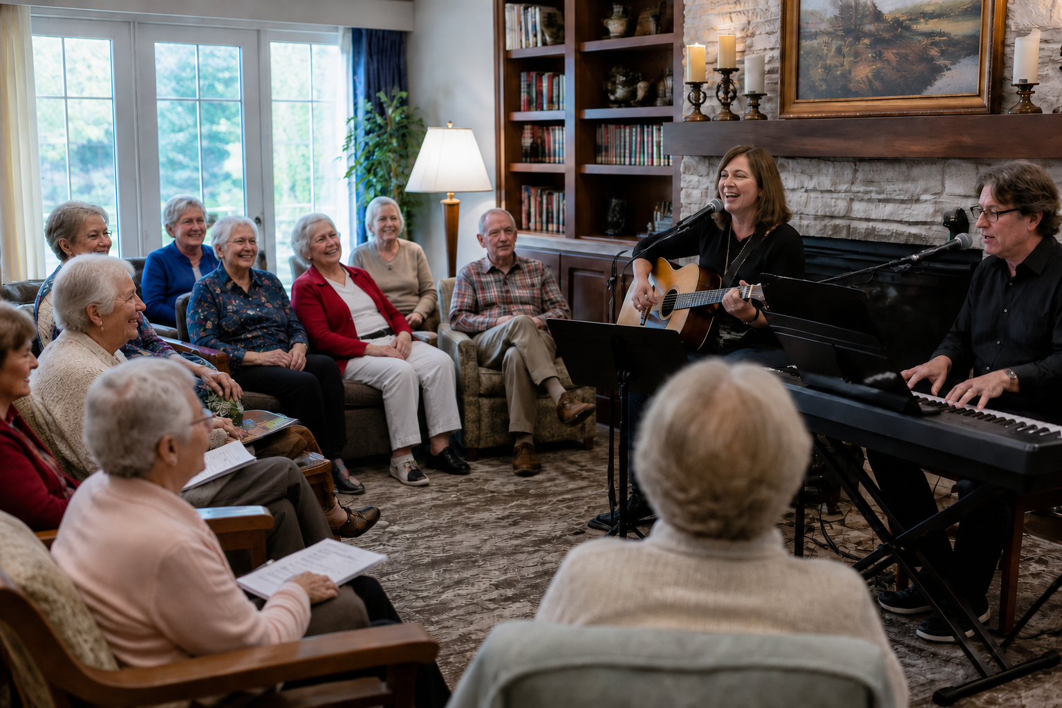 Residents enjoying a live music performance in a senior living community lounge