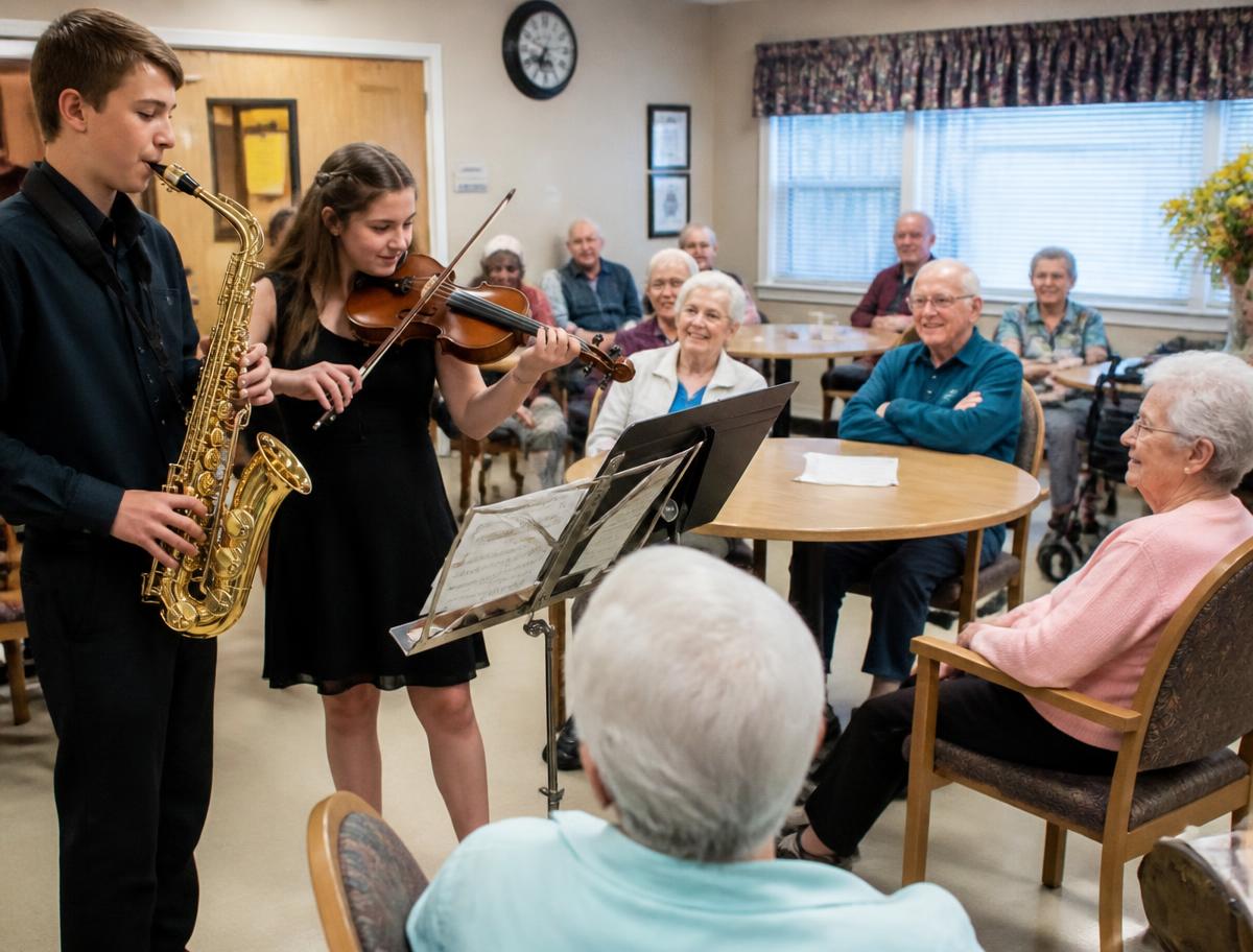 Student musicians performing for older adults at a senior center