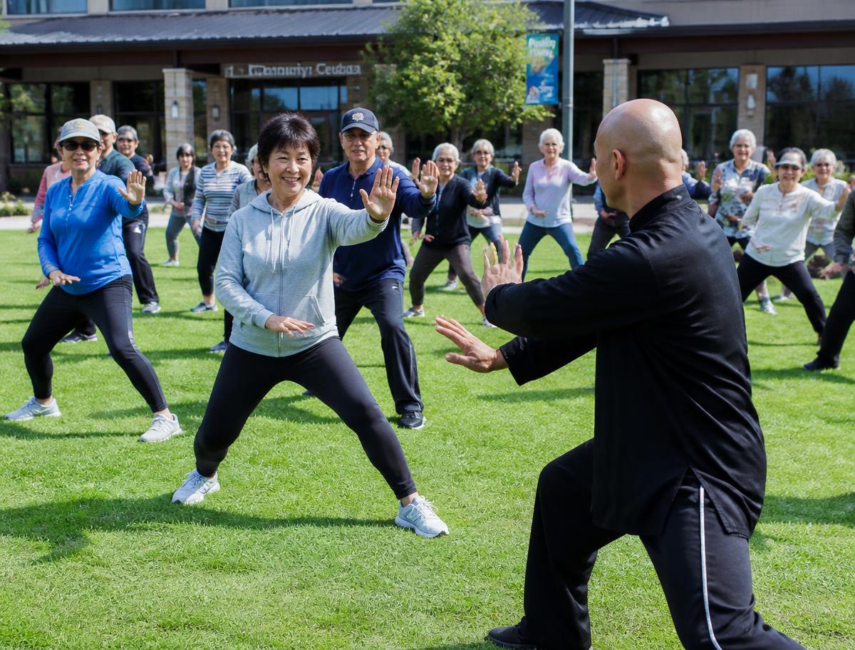 Active older adults in an outdoor tai chi class on the senior center lawn
