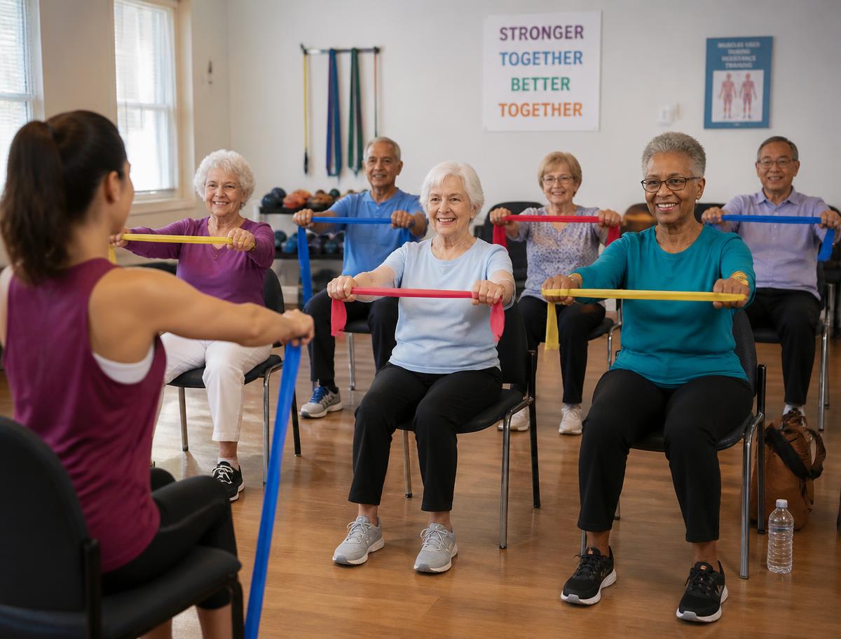 Instructor leading a chair exercise class at a senior center