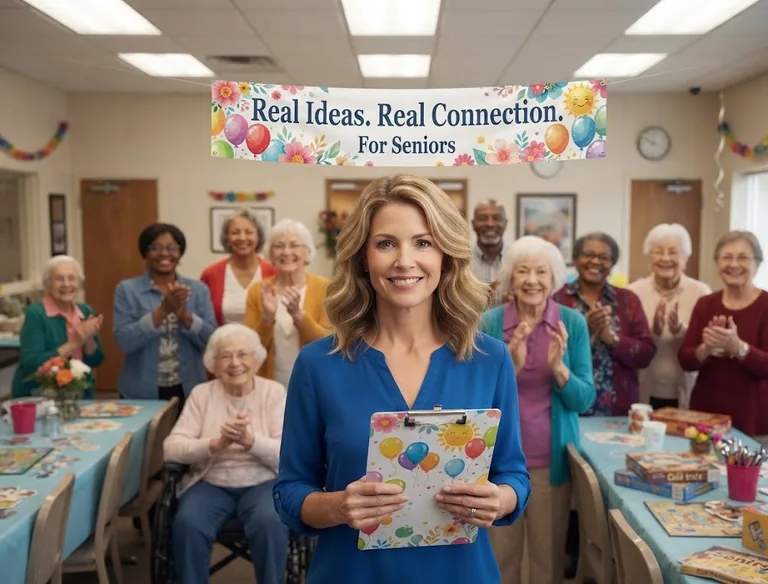 An activity professional holding a colorful activity planner with seniors gathered for a celebration.