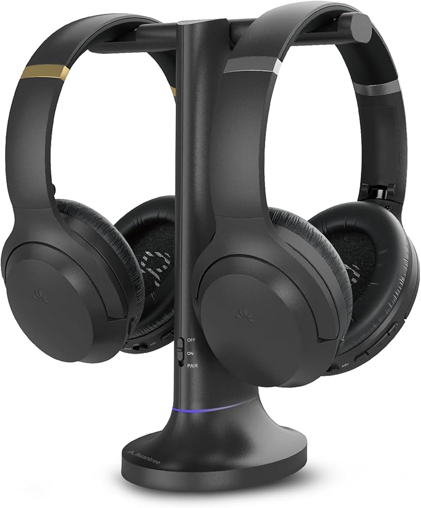 Wireless noise-canceling TV headphones with a charging dock for senior listening
