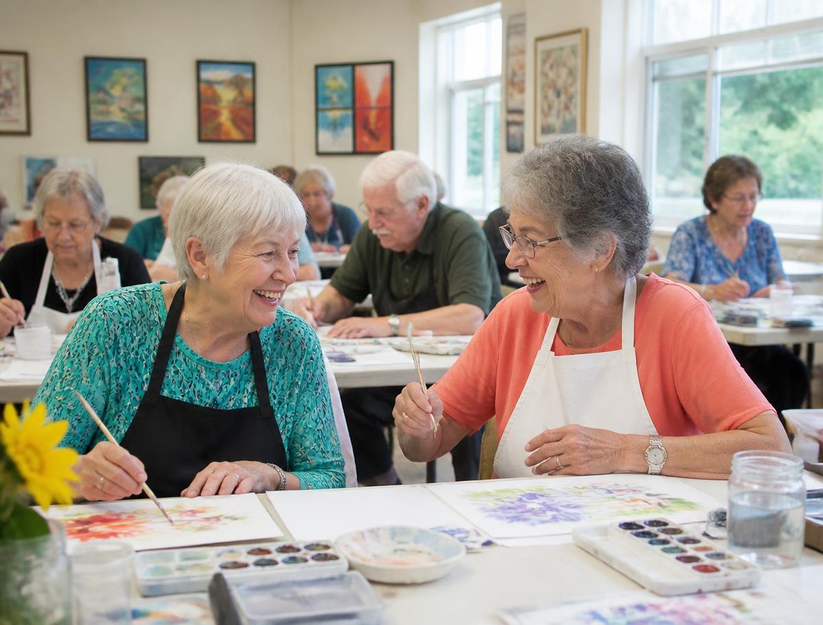 Members painting watercolors together in a senior center art class