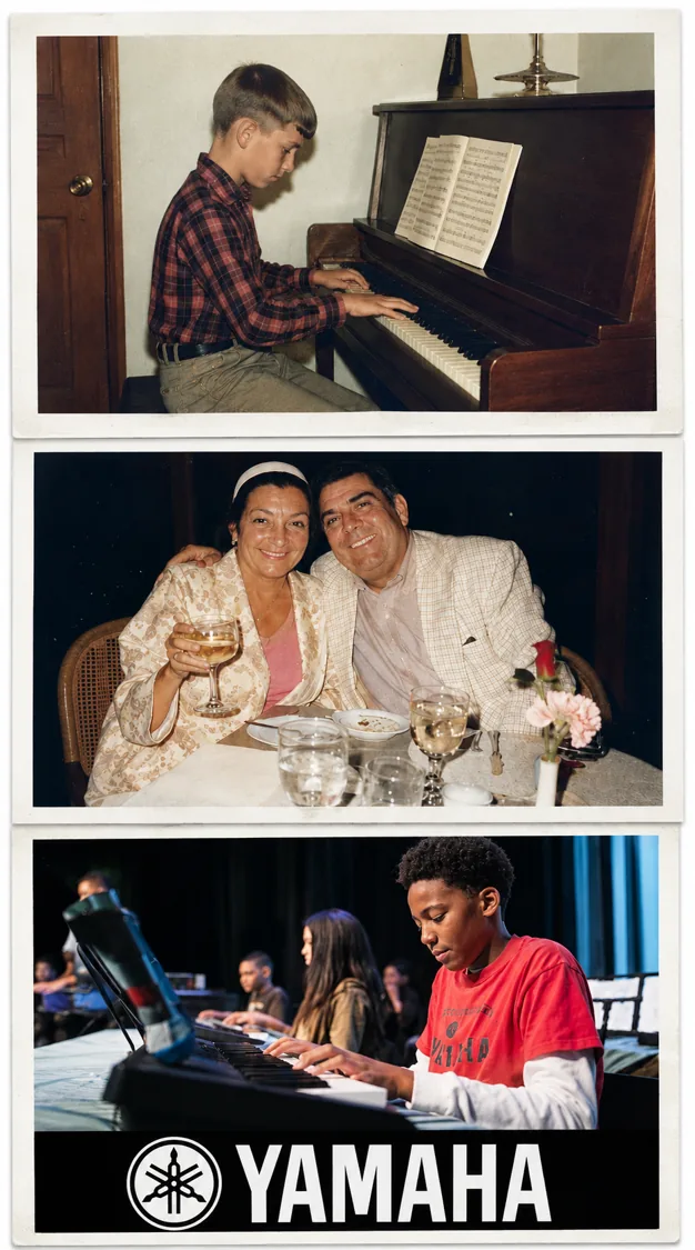 A lifelong love of music: Bill as a young pianist, with his parents, and supporting the next generation of Yamaha student musicians