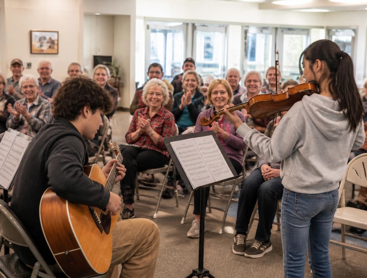Student musicians performing for an audience of older adults at a senior center