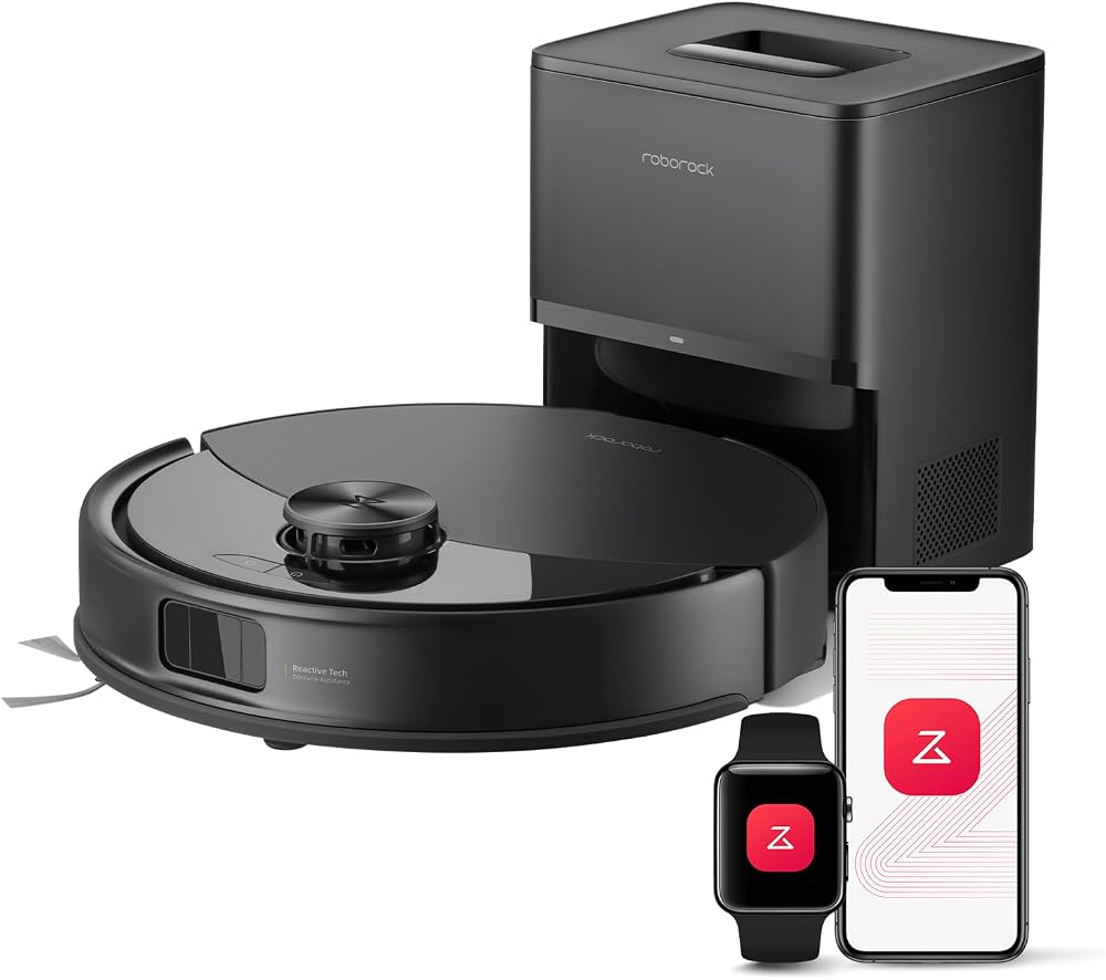 Robot vacuum and mop with self-emptying dock cleaning a living room floor