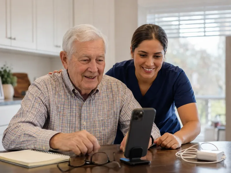 Older man and a caregiver in navy scrubs smiling together as they look at a smartphone set on a kitchen table