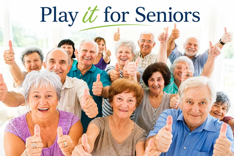 Large group of smiling older adults giving thumbs up together beneath the Play it for Seniors logo