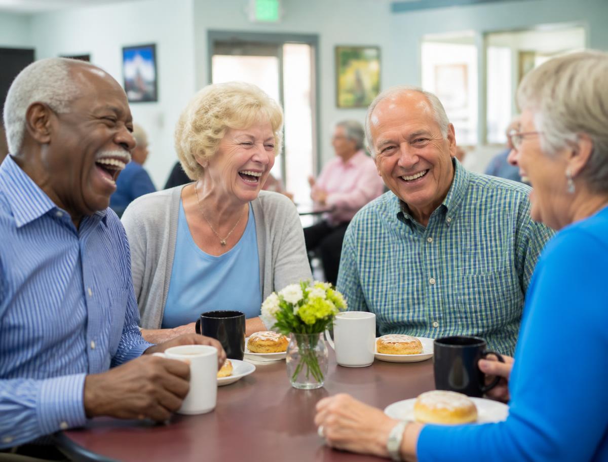 Friends laughing together over coffee at a senior center cafe