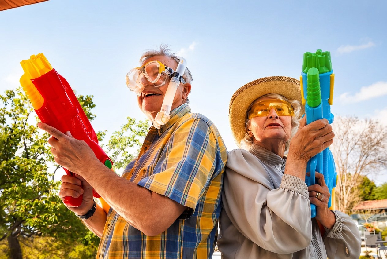 A smiling older couple standing back to back holding colorful water blasters outdoors.