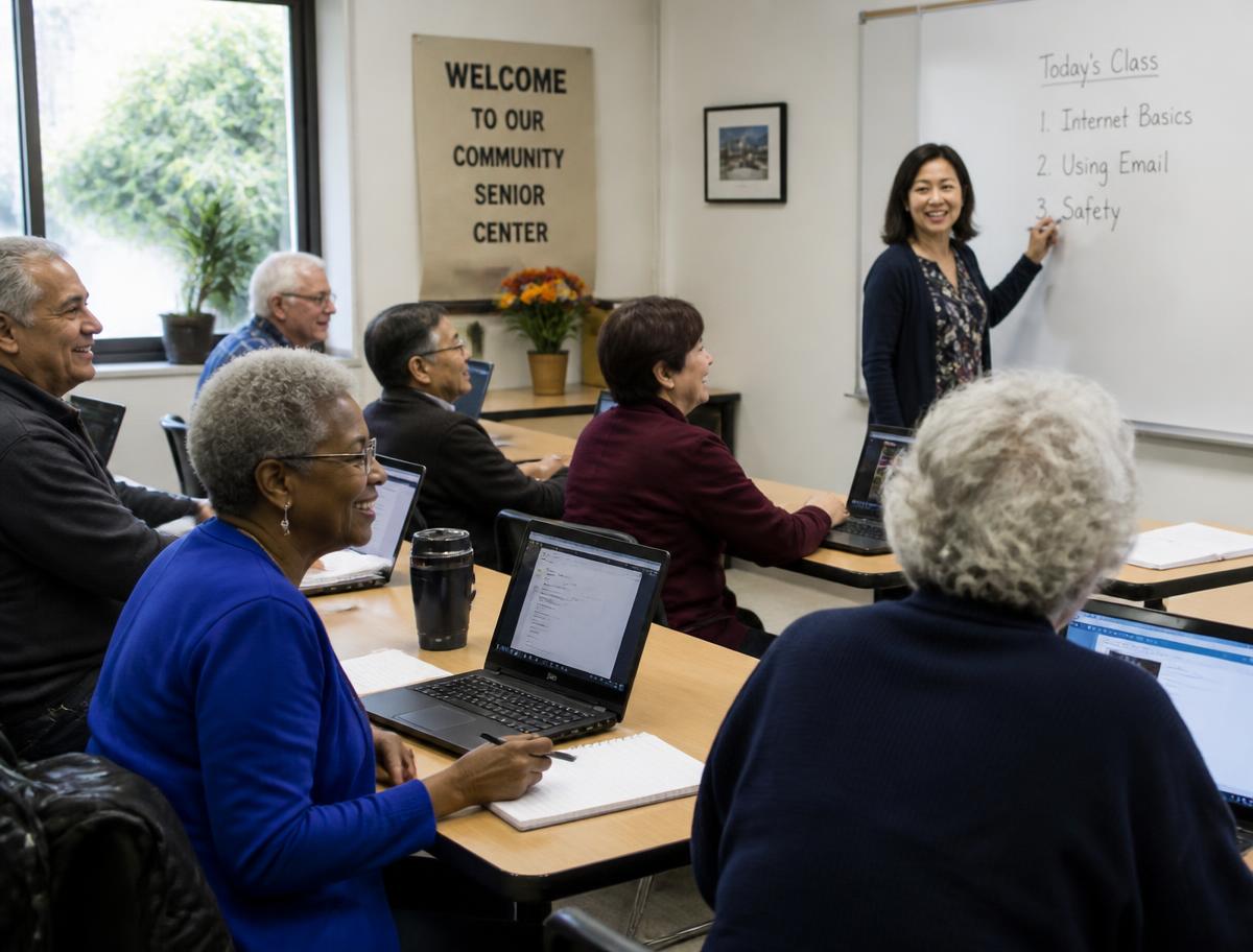 Older adults attending a technology class at a community senior center