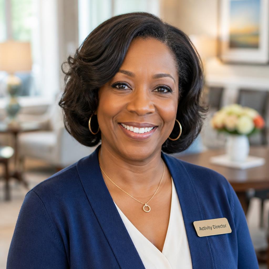 African American activity director in a senior living community setting
