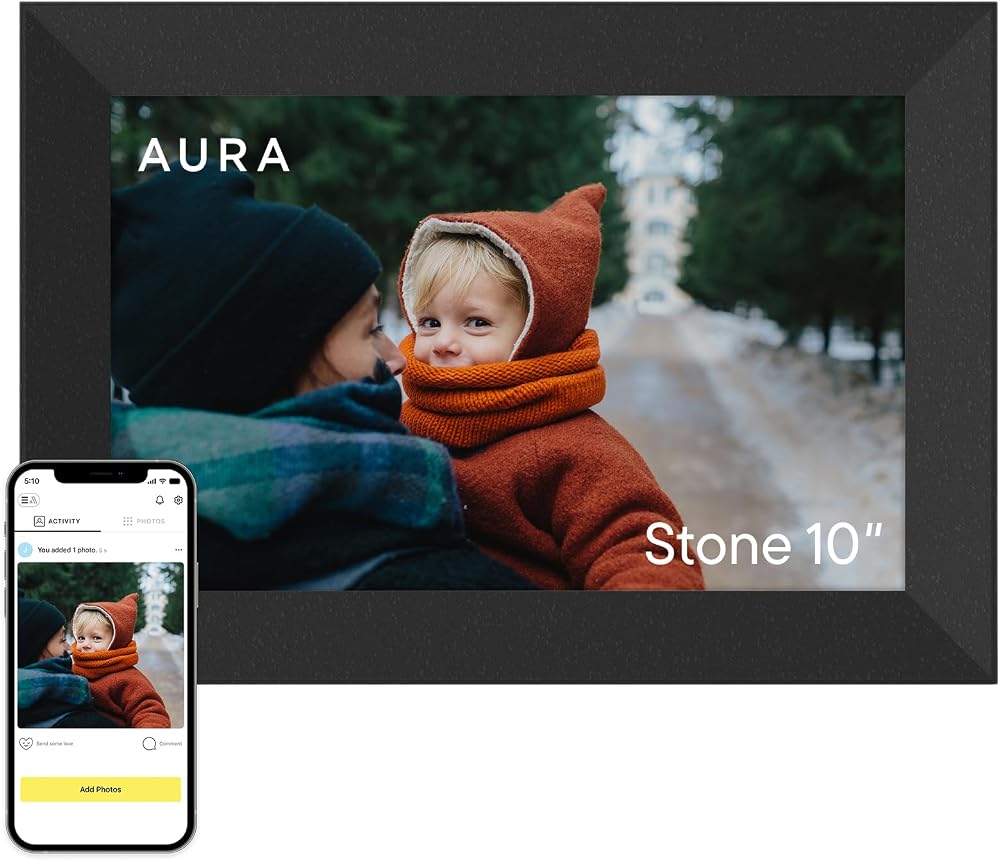 Wi-Fi digital photo frame displaying a rotating family photo slideshow