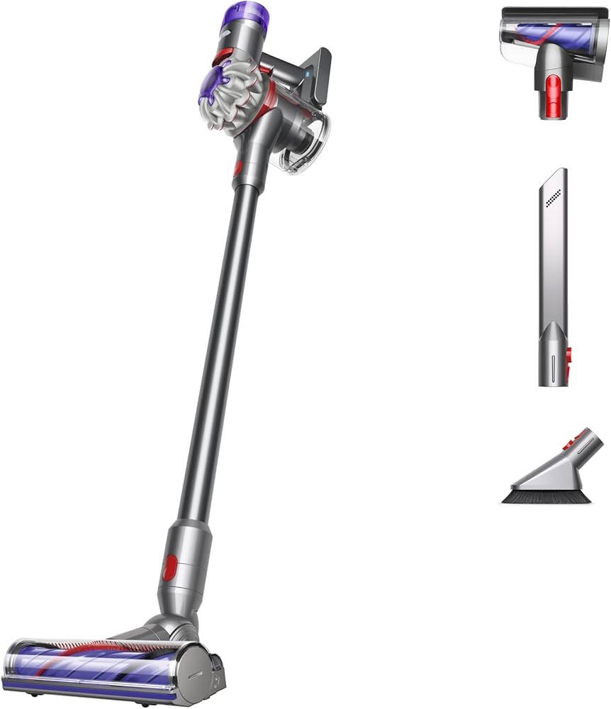 Lightweight cordless vacuum cleaner standing upright for easy senior use