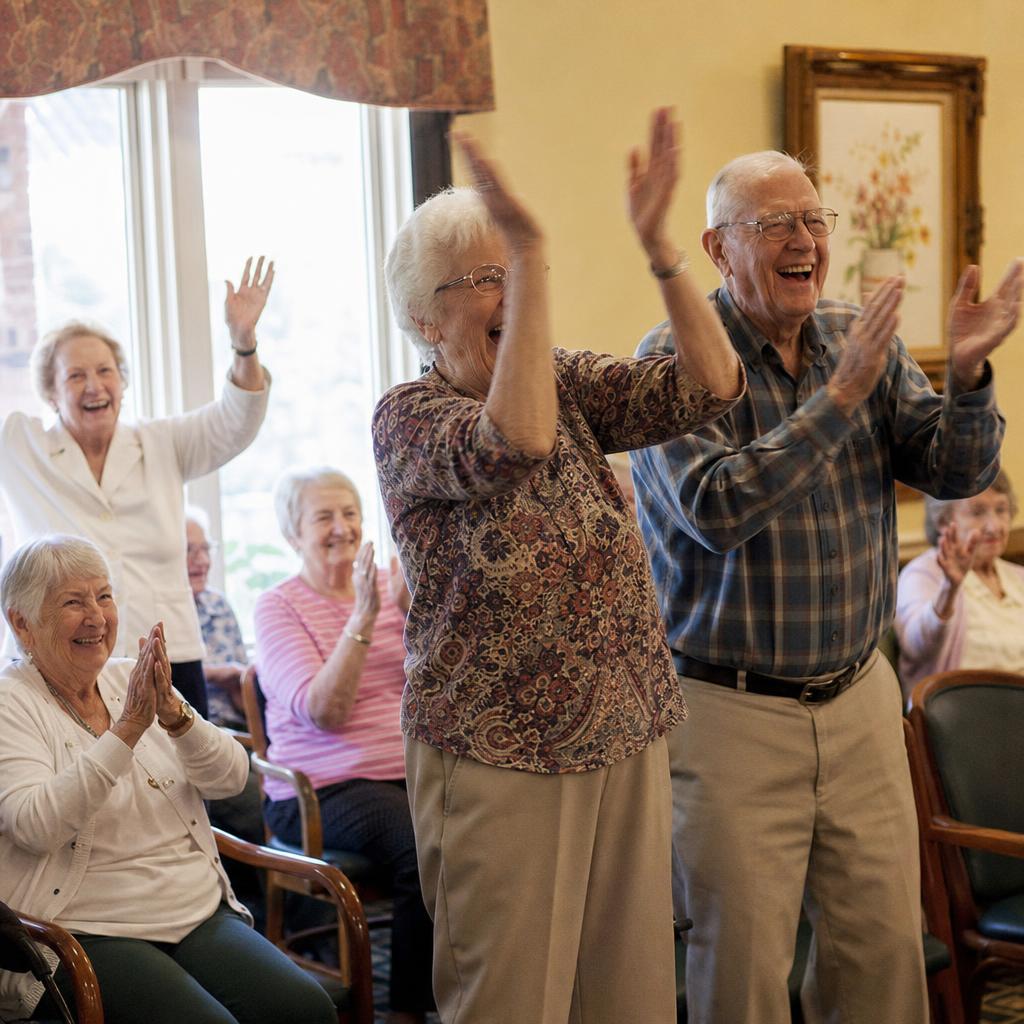 Senior residents applauding and singing along at a student performance