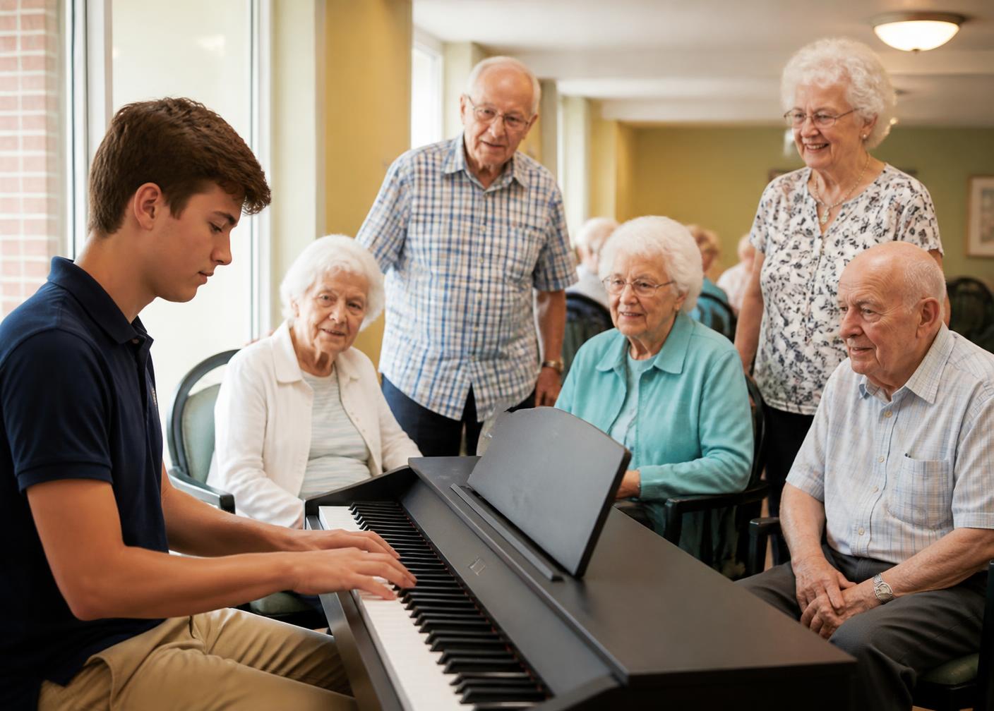 A student playing piano for a group of smiling senior residents