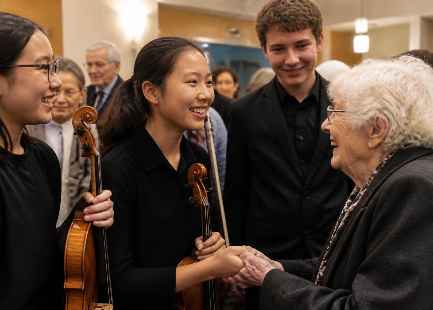 Student musicians laughing and shaking hands with a resident after a concert