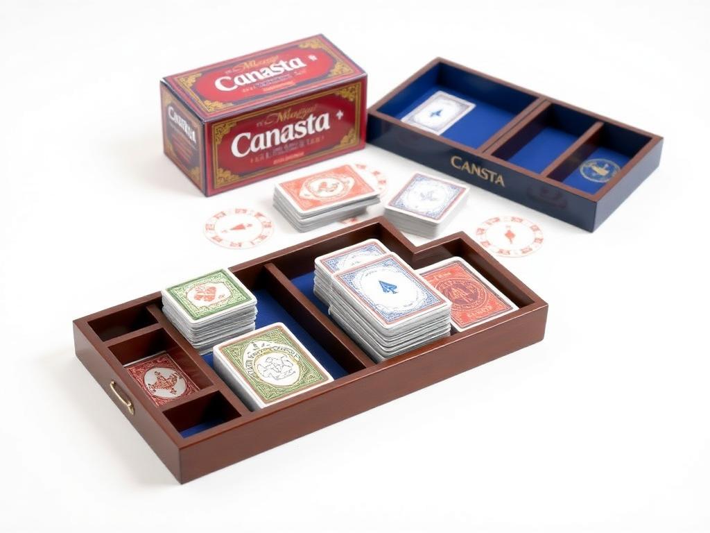 Canasta and Bridge card game kit with card trays, score pads, and decks