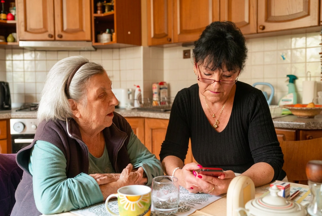 A middle-aged adult daughter and her elderly mother looking at a smartphone together at a kitchen table