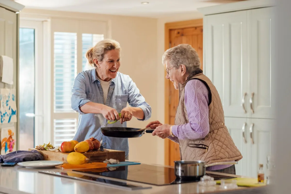A caregiver chatting warmly with an older woman in a sunlit living room at home