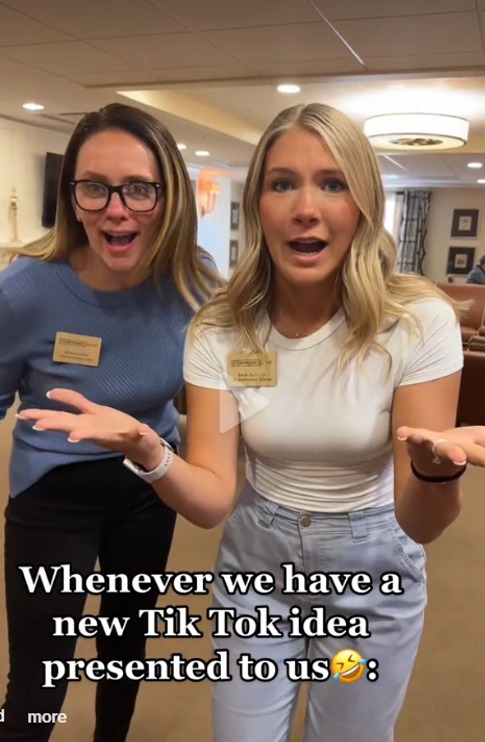 Two Independence Village team members reacting with excited expressions to a new TikTok idea