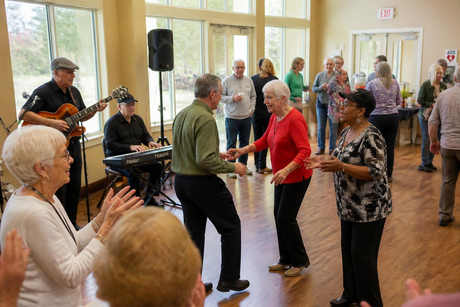 Older adults dancing together at a senior center social