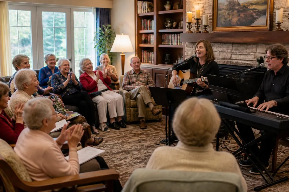 Residents enjoying a live music performance in a senior living community lounge