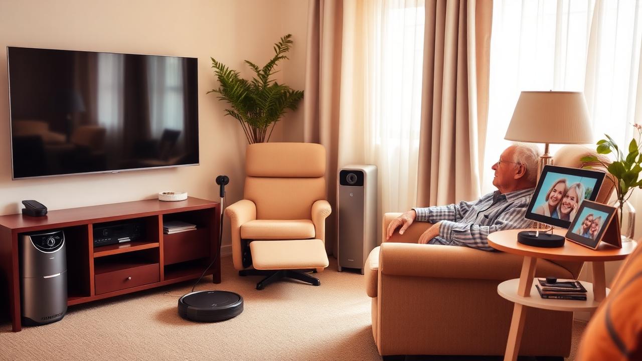 Comfortable senior living space with helpful technology and furniture