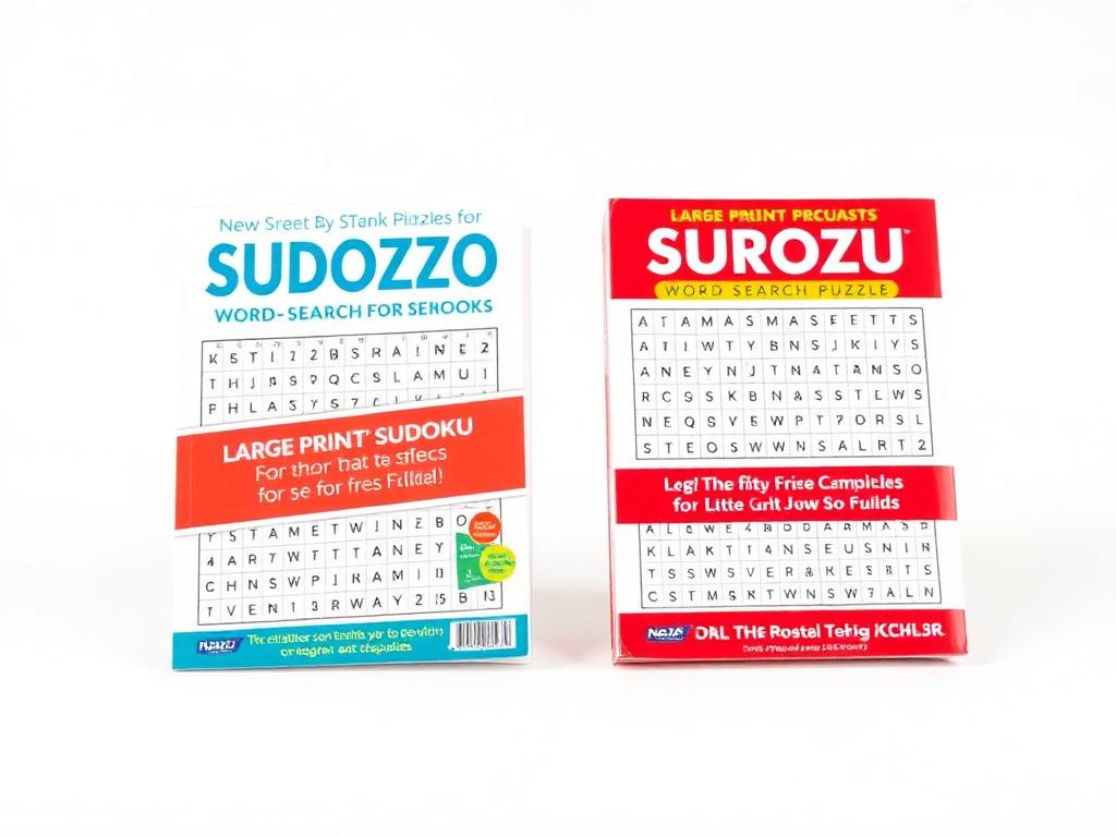 Large-print Sudoku and word search puzzle books with easy-to-read pages