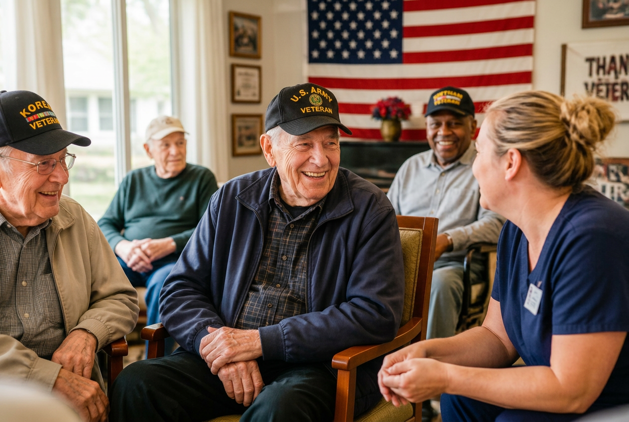 Older military veterans talking and laughing with a care staff member in a sunlit community room